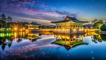 Fototapeta premium Night Time-Lapse of Donggung Palace and Wolji Pond, Gyeongju, South Korea