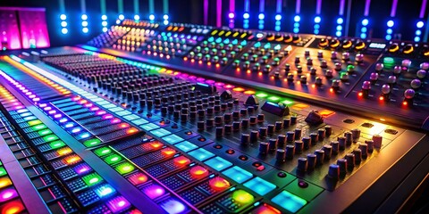Night Studio: Professional Audio Mixer Control Panel with Illuminated Buttons and Faders