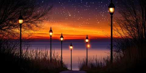 Naklejka premium Sunset path, lamps, starry sky, lake. Peaceful scene