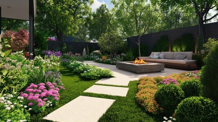 Beautifully landscaped backyard with lush greenery, a firepit and a comfortable couch