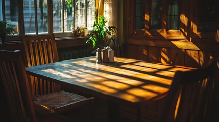 Sunlit wooden table in a cozy room with chairs.