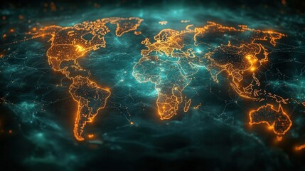 Obraz premium A Glowing World Map on a Dark Background Highlighting Globalization and Connectivity in Modern Society