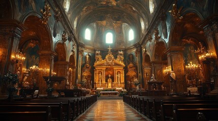 Obraz premium Ornate Church Interior with Illuminated Altar and Empty Pews