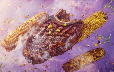 A smoky ribeye steak floating dynamically with charred corn on the cob and a butter glaze on a...