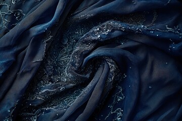 Dark Blue Fabric with Silver Embellishments Draped in Swirls