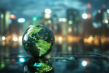 Earth Globe with Green Leaves on the mountain Background
