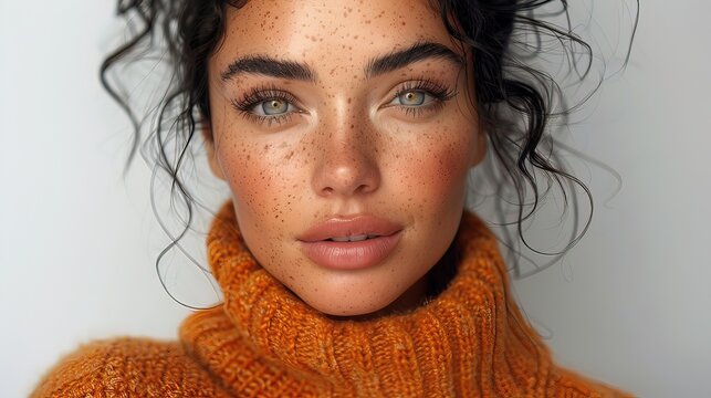 Elegant smiling model, frontal face capture, radiant beauty, poised expression, fashion essence.