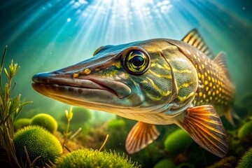 Northern Pike Fish Underwater Closeup, Rule of Thirds Composition