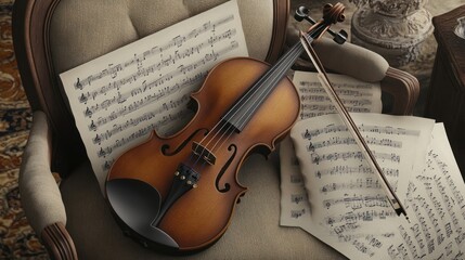 Fototapeta premium Violin Resting on Armchair with Sheet Music Amidst Classic D?cor.