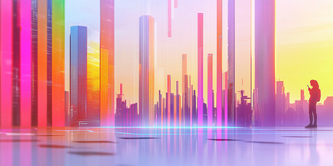 Holografisches Balkendiagramm, klare digitale Schnittstelle mit aufsteigendem Datendiagramm. Erstellt mit: digitale Illustration, Business-&Auml;sthetik, Ultra-High-Definition, pr&auml;zise Linien