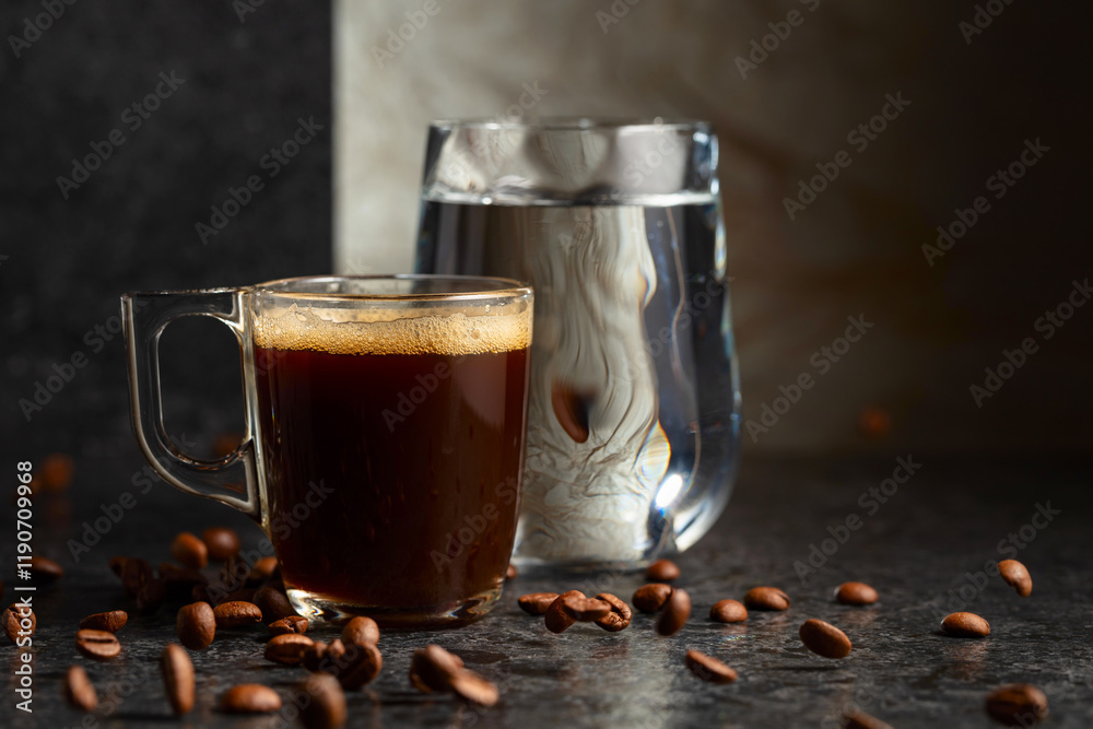 Wall mural Espresso and glass of cold water on a black stone table.