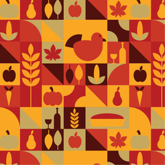 Autumn, thanksgiving pattern, background, fall, harvest, bauhaus, modern, abstract, geometrical, colorful vector illustration. 