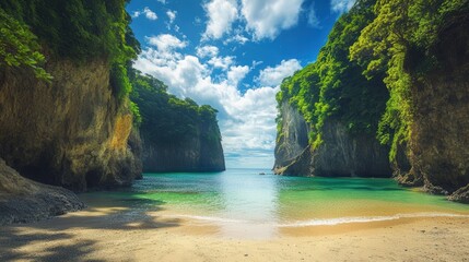 Obraz premium A vibrant image of a secluded cove, with a narrow beach surrounded by towering cliffs and lush vegetation