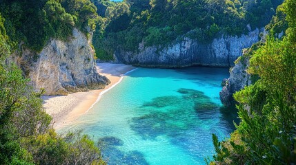 A vibrant image of a secluded cove, with a narrow beach surrounded by towering cliffs and lush vegetation