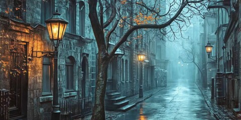 Fototapeta premium Misty cobblestone street, gas lamps, autumn. Travel poster