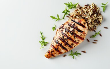 Fototapeta premium A tender grilled chicken filet levitating dynamically with a side of wild rice pilaf on a bright white surface