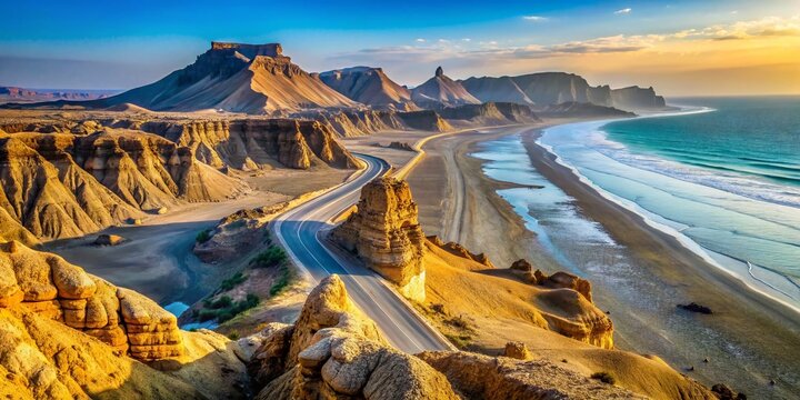 Dramatic Double Exposure: Makran Coastal Highway, Arabian Sea & Rock Formations