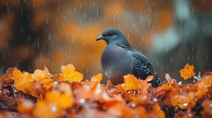 Pigeon Perched Among Autumn Leaves in Rainy Weather