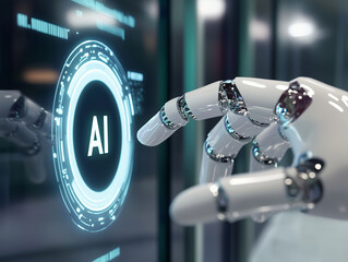 Robot hands point with AI button, robotic artificial intelligence technology concept 


