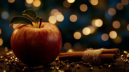 Fresh Red Apple with Cinnamon Sticks Displayed on Wooden Table Surrounded by Twinkling Bokeh Lights for a Cozy and Inviting Autumn Feeling