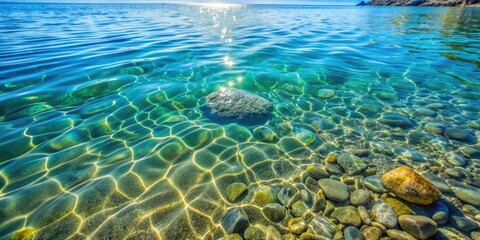 Fototapeta premium Gentle lapping of crystal clear water against a smooth rock surface creates a mesmerizing ripples effect , oceanic