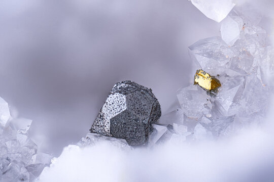 grey Tennantite crystal with chalcopyrite on quartz. Specimen from Clara mine, Oberwolfach, Germany. Micro photography extreme close-up. microscope mineral crystal photography for Scientific use.
