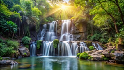 Obraz premium Serene Waterfall Scene in Natural Light, calming environment , outdoor setting, calming environment