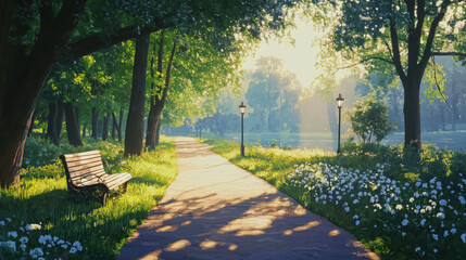 Fototapeta premium Serene Park Pathway at Dawn