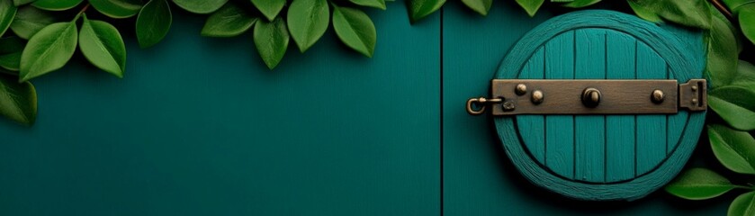 Fototapeta premium Enchanted Teal Door: A rustic, round teal door with metal accents is nestled amongst vibrant green leaves, creating a mystical and enchanting scene. Perfect for fantasy, fairytale.