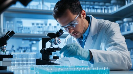 A biomedical scientist preparing samples for analysis in a lab, with microscopes and petri dishes around, Biomedical lab scene