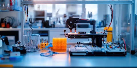 A vibrant laboratory bench filled with robotics components, wires, and a 3D printer in action