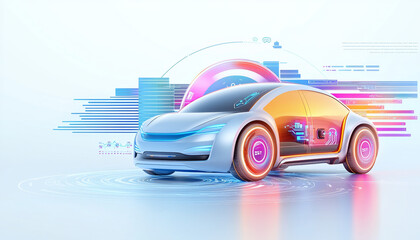 Business model disruption innovation. Futuristic autonomous car with digital interface and data visualization