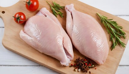 Raw Uncooked Chicken Breasts with Spices and Herbs on White Wooden Background. 11