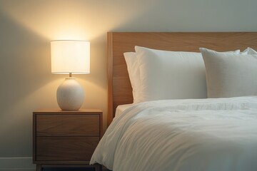 polished studio composition of minimalist bedroom featuring platform bed with walnut finish and crisp white linens