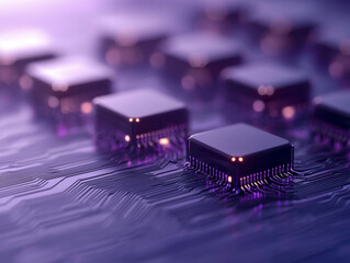 Business model disruption innovation. Microchips on circuit board with purple lighting