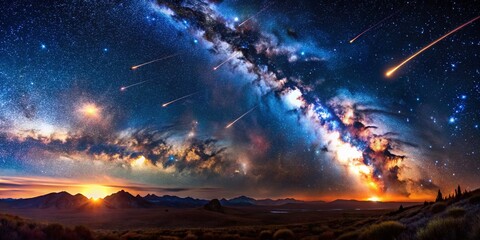 Panoramic Fiery Meteor Shower Exploding Across Night Sky