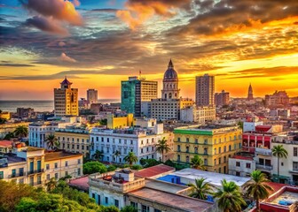 Naklejka premium Panoramic Havana Skyline: Vibrant Cuban Architecture at Sunset
