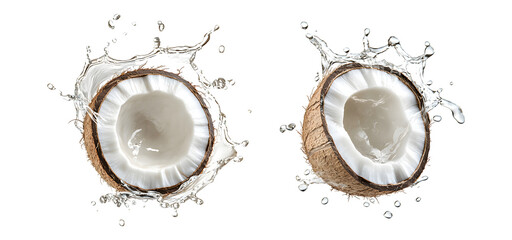 Levitation of coconut in a splash of cream isolated on transparent background, cut out