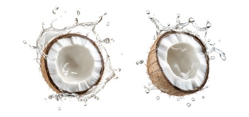 Levitation of coconut in a splash of cream isolated on transparent background, cut out