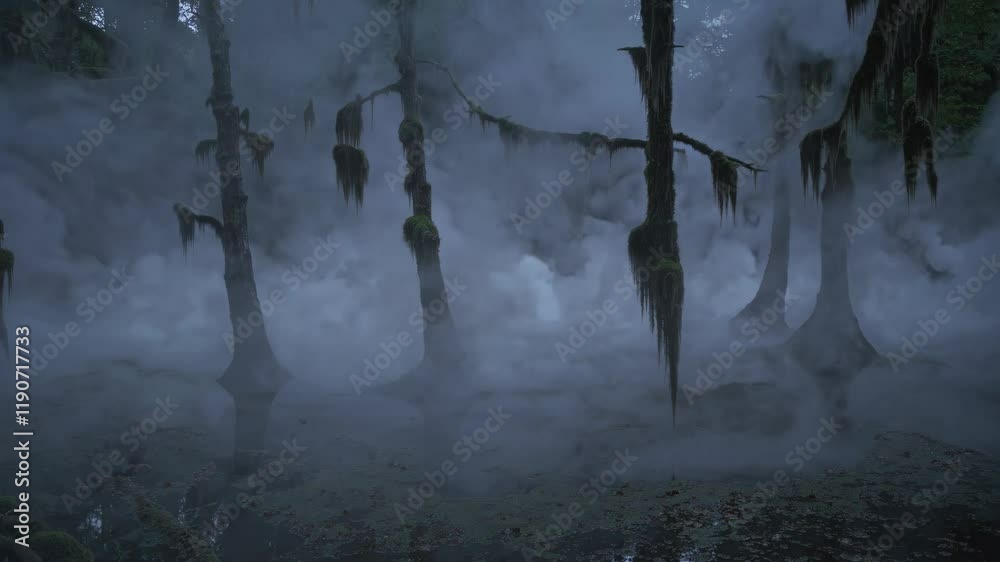 Aufkleber Mysterious fog envelops ancient trees in a captivating subtropical forest at dawn