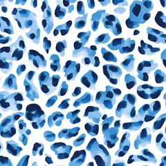 This design features a striking blue leopard print pattern on a white background. The bold spots vary in shape and size, creating a dynamic visual appeal suitable for fashion and home decor