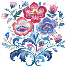 This artwork showcases a stunning arrangement of colorful flowers, featuring red, blue, and pink hues, surrounded by delicate leaves and smaller floral elements, emphasizing craftsmanship