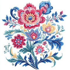 This artwork features a stunning display of flowers and foliage, characterized by vivid colors and intricate designs. The composition brings a lively and natural aesthetic to any setting