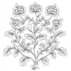 A detailed floral design showcases multiple blooming flowers and ornate leaves, emphasizing intricate line work. This art can serve as inspiration for various creative projects