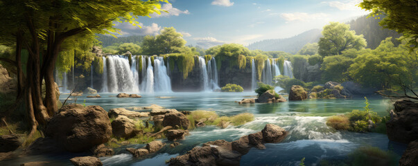 Serene Waterfall Oasis Panoramic Landscape