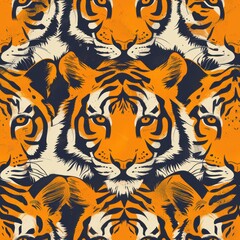 Obraz premium A striking design showcases a series of tiger faces arranged in a captivating pattern atop a vivid orange backdrop. The artwork highlights the beauty and power of these majestic animals