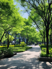 Obraz premium Serene Walkway Amidst Lush City Greenery