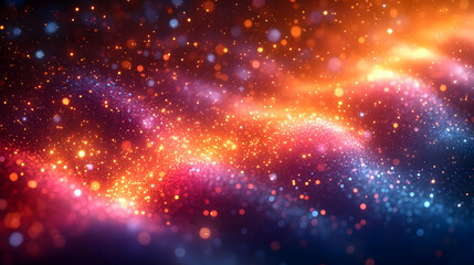 Abstract Cosmic Background with Vibrant Glowing Particles and Dynamic Swirls of Orange, Blue, and Purple