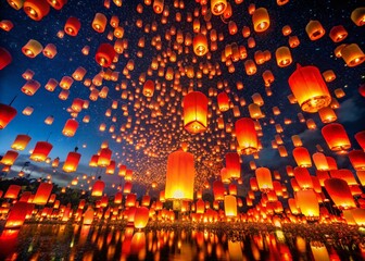 Panoramic Night Sky: Hundreds of Red & Gold Chinese Lanterns Ascending at Yee Peng Festival