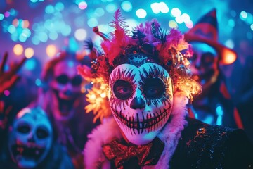A vibrant photo of a Halloween party with adults wearing elaborate costumes and masks